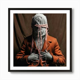 Person In Burnt Orange Coat With Fabric Covered Head Art Print