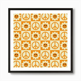 Checkered Smiling Flowers and Orange Peace Signs Art Print