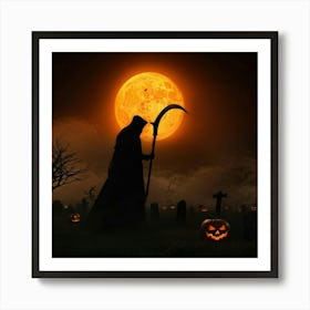 Reaper Silhouette Scythe Raised Against A Backdrop Of A Full Moon On Halloween Night With Wisps O Art Print