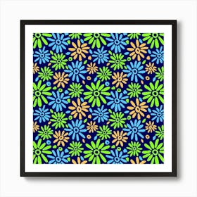 Floral Fun Lime Turquoise Orange On Navy Blue Art Print