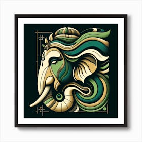 "Verdant Vision: Ganesha's Tranquil Gaze" - This art piece presents Lord Ganesha in a palette of lush greens and rich golds, symbolizing prosperity, nature, and well-being. The elegant curves and flowing lines lend a contemporary look to the traditional figure, while the deep black background accentuates the artwork's modern aesthetic. Ganesha's peaceful expression, detailed with artistic flourishes and sacred motifs, invites a sense of calm and introspection. Ideal for both spiritual devotees and art lovers, this piece merges divine inspiration with design sophistication, making it a sublime addition to any space that values serenity and style. Art Print