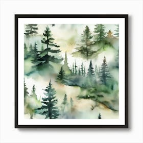 Appalachian Mountains of Misty Pines Watercolor Print of Evergreen Forest..362 Art Print