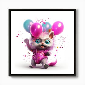 Pink Cat With Balloons Art Print