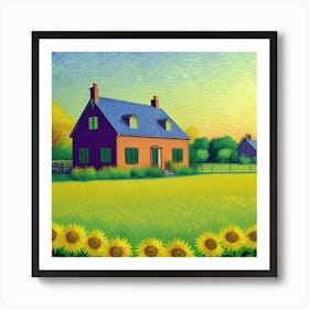 Serene Farm Life Sunset Over the Fields Sunflowers Art Print