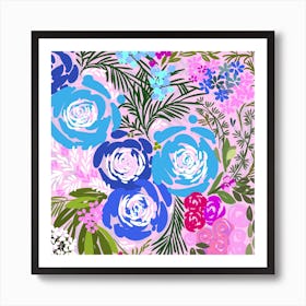 Loose watercolor blue pink roses on baby pink background  Art Print