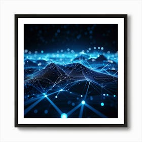 Abstract Geometric Network Tangled In Glowing Blue Lines And Dots Forming Wave Like Patterns And Po (1) Art Print