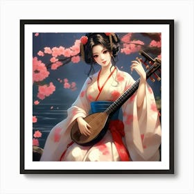 Japanese Geisha with musical instrument Art Print