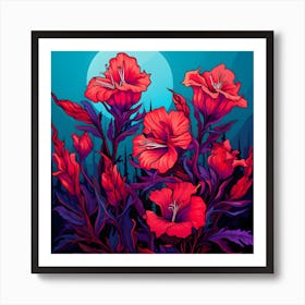 Red Flowers In The Moonlight Art Print