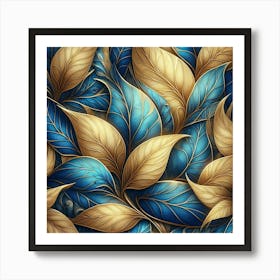 Blue And Gold Leaves Wallpaper Art Print