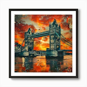 Tower Bridge At Sunset, retro collage Art Print