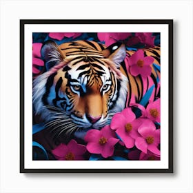 Tiger In Pink Flowers Art Print