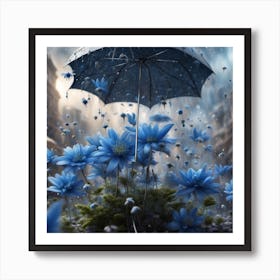 Blue Flowers In The Rain Art Print