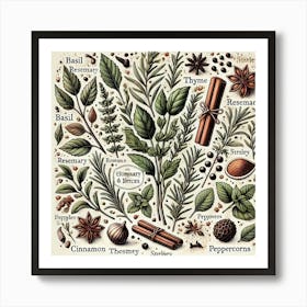 Herbs & Spices Culinary Printed Art A Beautiful Illustration Of Culinary Herbs And Spices, Perfect For Adding A Warm And Aromatic Touch To Any Restaurant Space Printed Art Art Print