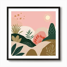 Pastel Pink Boho Landscapes with Vibrant Botanical Details Art Print