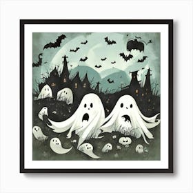 Cute Bedsheet Ghosts, Countryside Vintage Style " Halloween Spooky Art Print Art Print