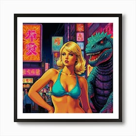 Retro Pop Godzilla with Blonde Art Print