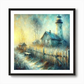 Serene Dawn: Old Lighthouse, Weathered Cottage, and Tranquil Scenes. Art Print