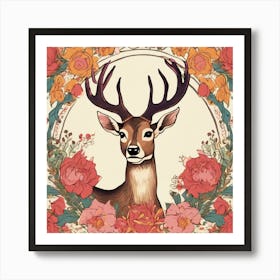 Deer With Flowers Art Print