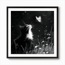 Black And White Cat With Butterfly Art Print