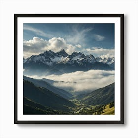 Snow-capped peaks at sunrise, with a golden glow on the mountains and mist in the valleys Art Print