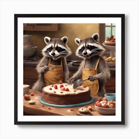 Two Raccoons baking a cake Art Print