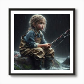 Little Girl Fishing In The Rain 1 Art Print