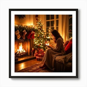 A Cozy Winter Evening By A Roaring Fireplace An Ornately Decorated Christmas Tree Situated In The C 2 1 Art Print