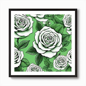 White Roses On Green Background 2 Art Print