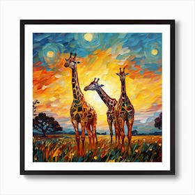 Giraffes At Sunset 20 Art Print