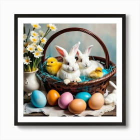 Photo of Easter bunnies and chicks in a brown basket, with dyed eggs, with a flower bouguet nearby Poster