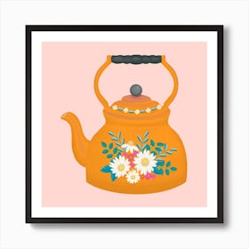 Cottagecore Floral Kettle In Orange Square Art Print