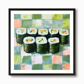 Cucumber Maki Sushi Pastel Checkerboard 1 Art Print