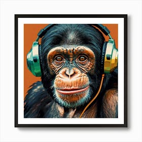 Happy Chimp Wearing Headphones Art Print