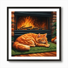 Cat In Front Of Fireplace Art Print