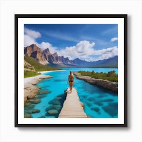 Woman Walks Across A Wooden Bridge Art Print