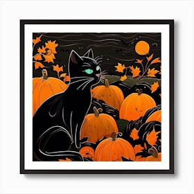 Halloween Cat In Pumpkin Patch Art Print