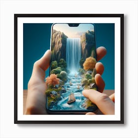 Huawei P20 Pro A smartphone whose screen displays a miniature view of a waterfall. Art Print