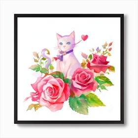 Cat With Roses4 Art Print