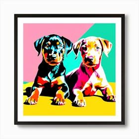 'Doberman Pinscher Pups', This Contemporary art brings POP Art and Flat Vector Art Together, Colorful Art, Animal Art, Home Decor, Kids Room Decor, Puppy Bank - 46th Art Print