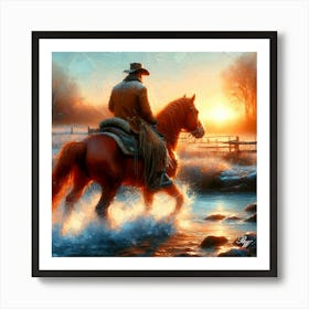 Cowboy Riding Across A Stream 9 Copy Art Print