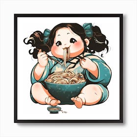 Asian Girl Eating Noodles Art Print