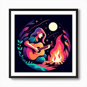 Girl Playing Guitar At Night Art Print