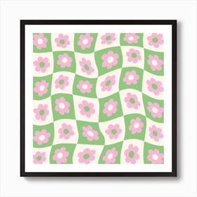 Pink Checkered Flowers On Wavvy Green and White Squares Art Print