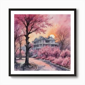 Big House In Pink Nature Water Colour Art Print