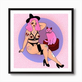 Pink Hair Pin Up Witch And Kitty Cat 2 Square Art Print