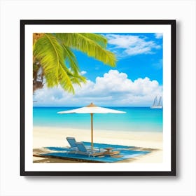 Beach With Umbrella And Palm Trees Art Print