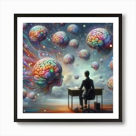 Man At Desk With Brains Art Print
