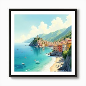 Picturesque Watercolor View Of An Italian Coastal Town With Sunlit Shores 1 Art Print