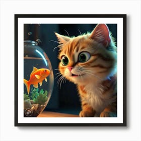 Cat watching Fish in Fish Bowl 2 Art Print