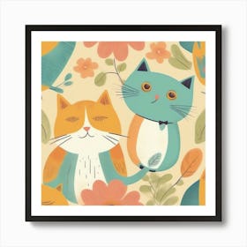 Cute Cats And Birds Art Print